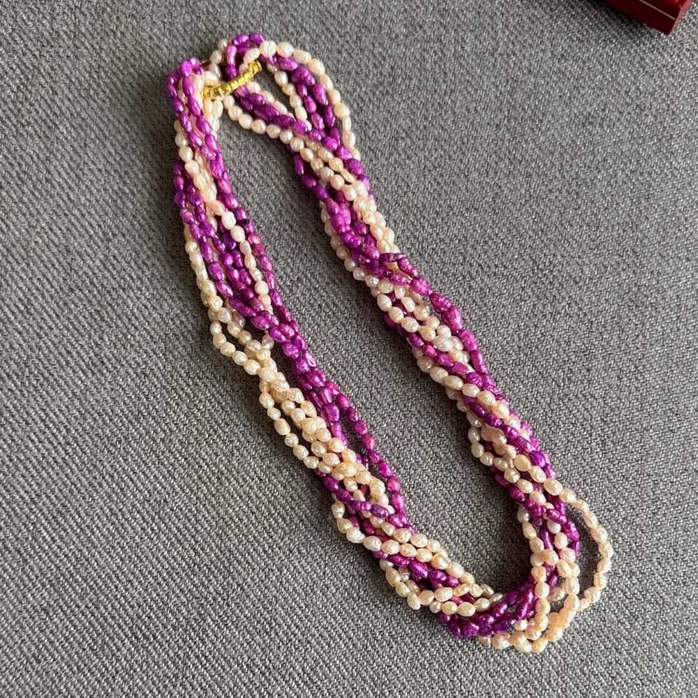 Elegant Multi-Strand Pink and Cream Freshwater Pearl Necklace with original box